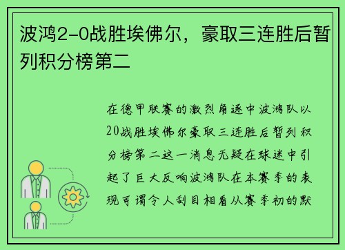 波鸿2-0战胜埃佛尔,豪取三连胜后暂列积分榜第二