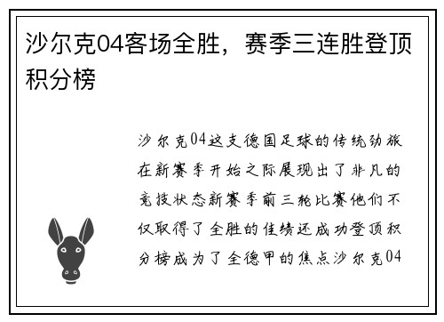 沙尔克04客场全胜,赛季三连胜登顶积分榜