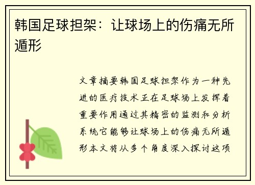 韩国足球担架：让球场上的伤痛无所遁形
